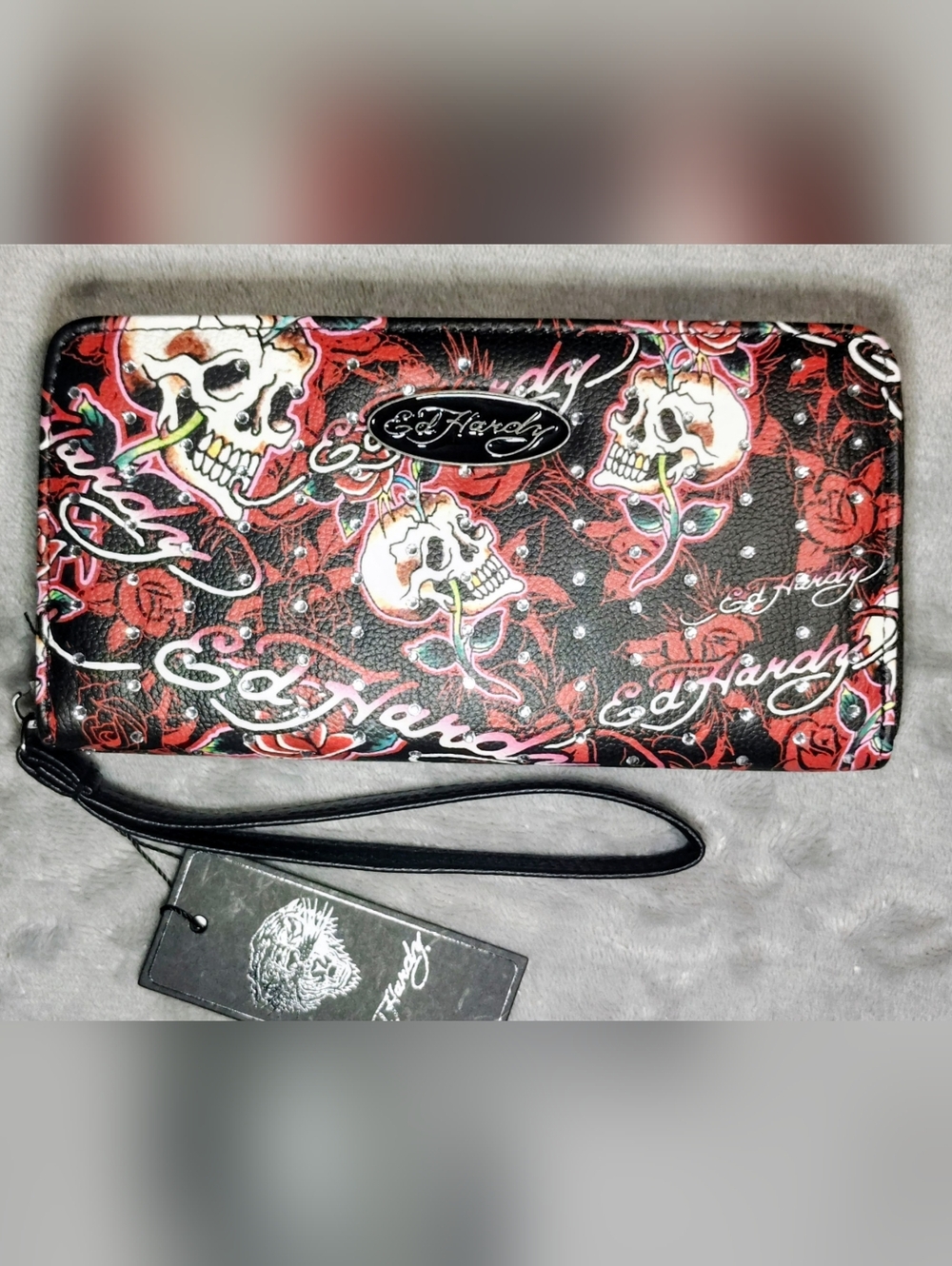Ed Hardy Y2K Love Kills Slowly Zip Wallet Wristlet - Rhinestone Skull & Roses